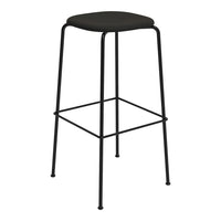 Black bar stool with a sleek, minimalist design and sturdy metal frame, featuring a smooth, round seat.