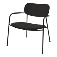 Modern black chair with a sleek, minimalist design and smooth curves, featuring a solid black finish.