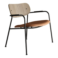 Light wood backrest, tan seat cushion, and sleek black metal frame create a modern, minimalist style chair.