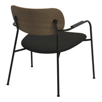 "Modern chair with a wooden back, black seat cushion, and sleek black metal legs, featuring a minimalist design."