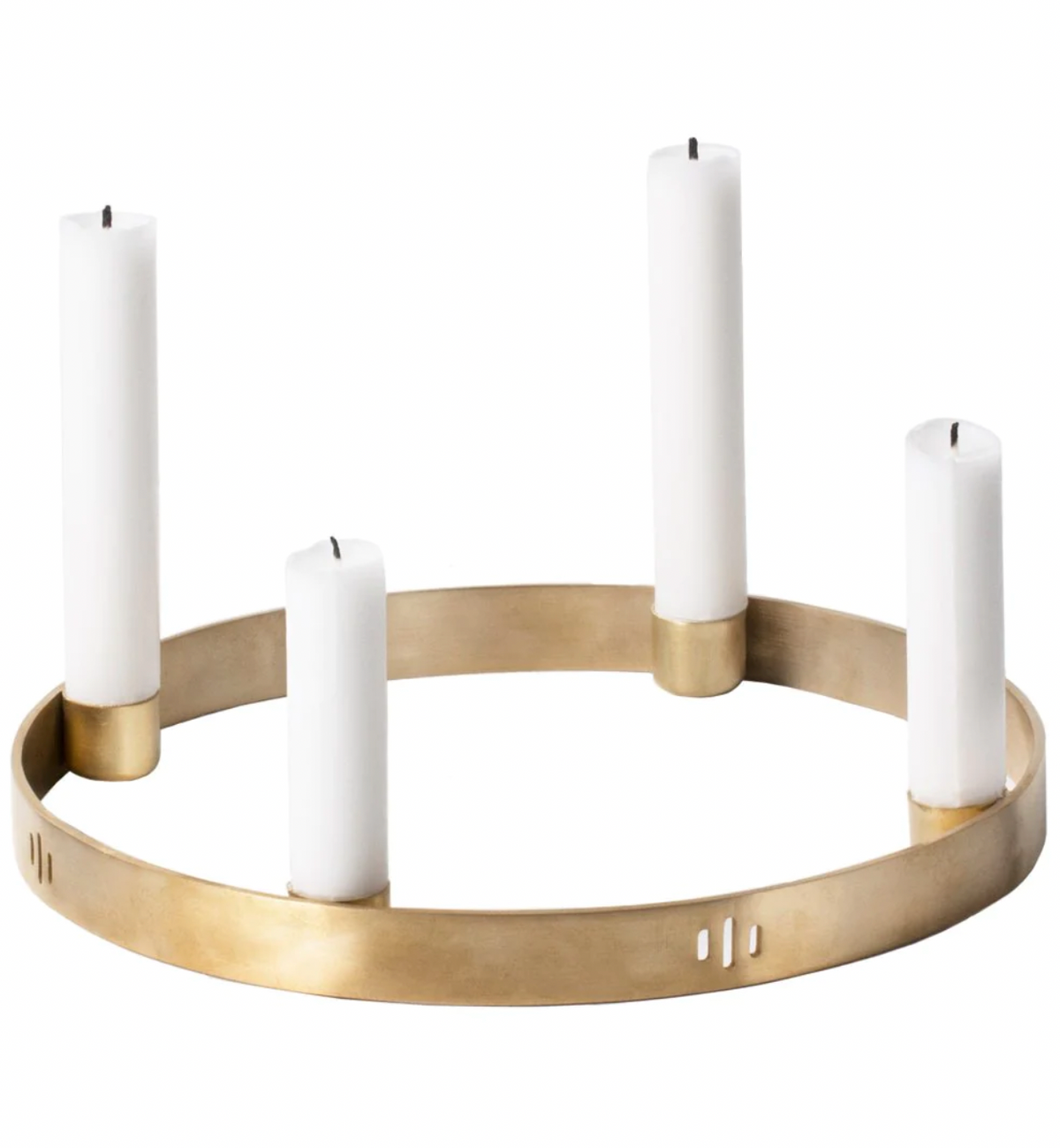 Golden candle holder with four white candles, featuring a sleek, modern design and minimalist aesthetic.