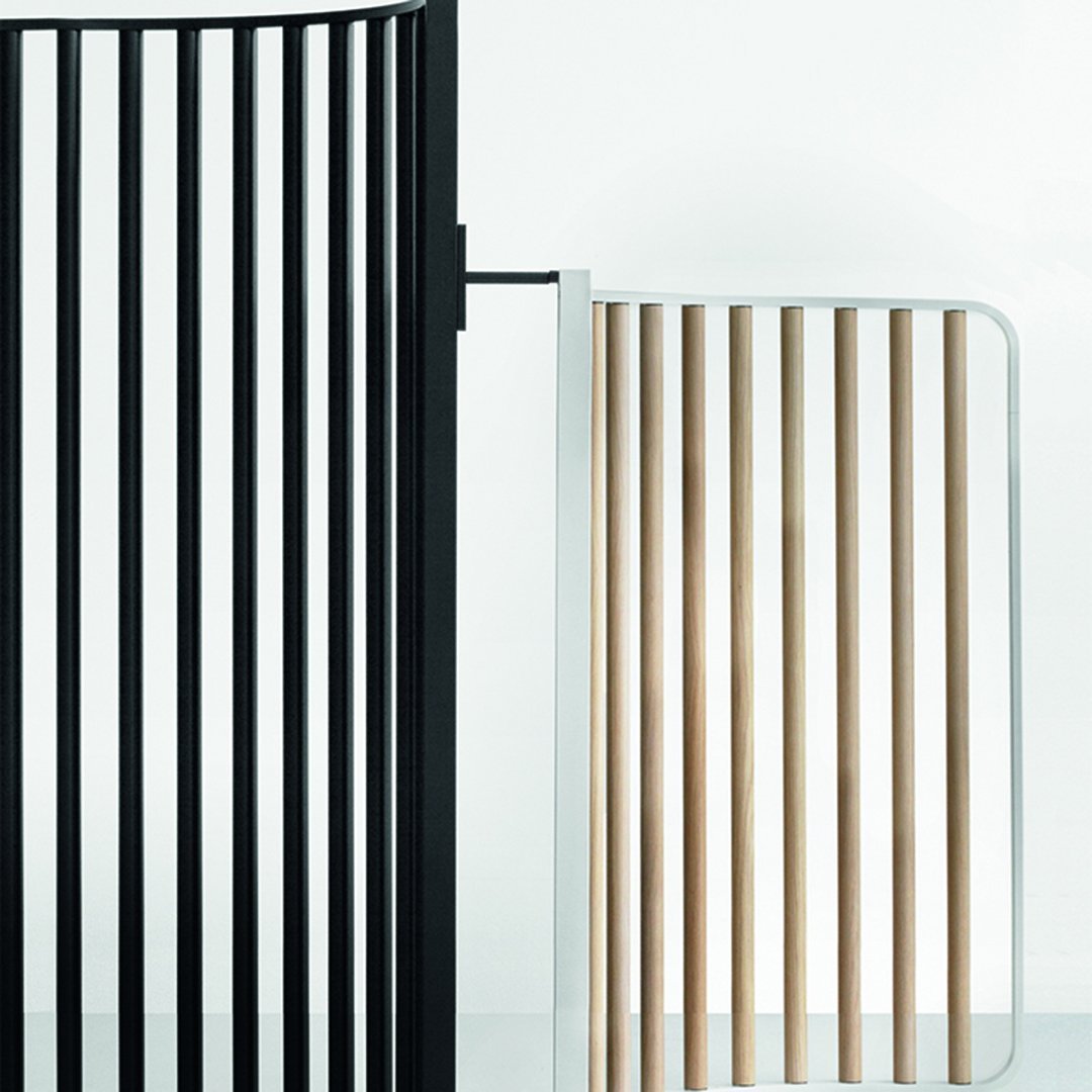 Modern design featuring black vertical slats paired with natural wood tones, creating a striking contrast in patterns.