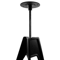 Black adjustable stand with a smooth surface and sleek design, featuring a metallic threaded rod for height adjustment.