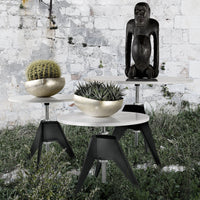 Modern white and black tables with gold bowls, featuring green succulents, set against a textured white wall.