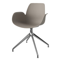Light taupe chair with a smooth finish and sleek chrome base, featuring a minimalist, contemporary design.