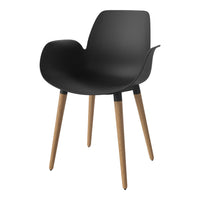 Black ergonomic chair with natural wood legs, sleek design and smooth surface, ideal for modern decor.