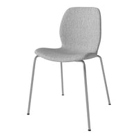Gray fabric chair with a textured pattern and sleek silver legs, perfect for modern decor.