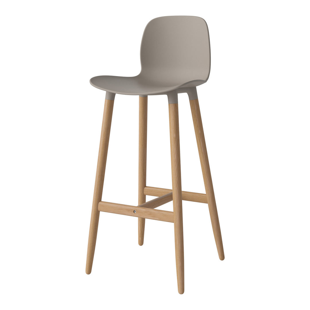 Light gray bar stool with a smooth, minimalist design and natural wood legs. Ideal for modern home decor.
