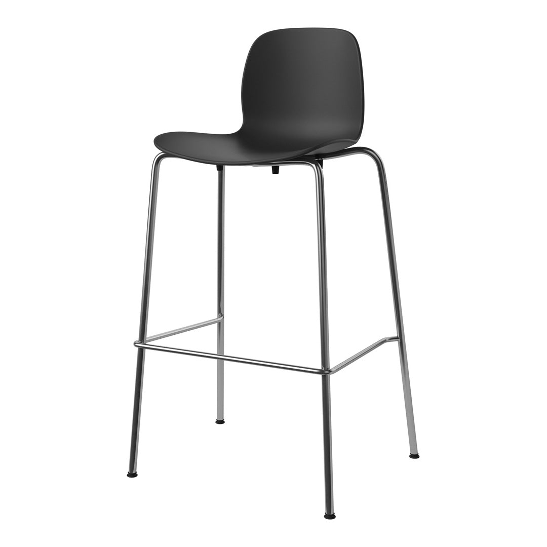 Black high-top bar stool with sleek metal legs, featuring a minimalist design and smooth finish. Perfect for modern decor.