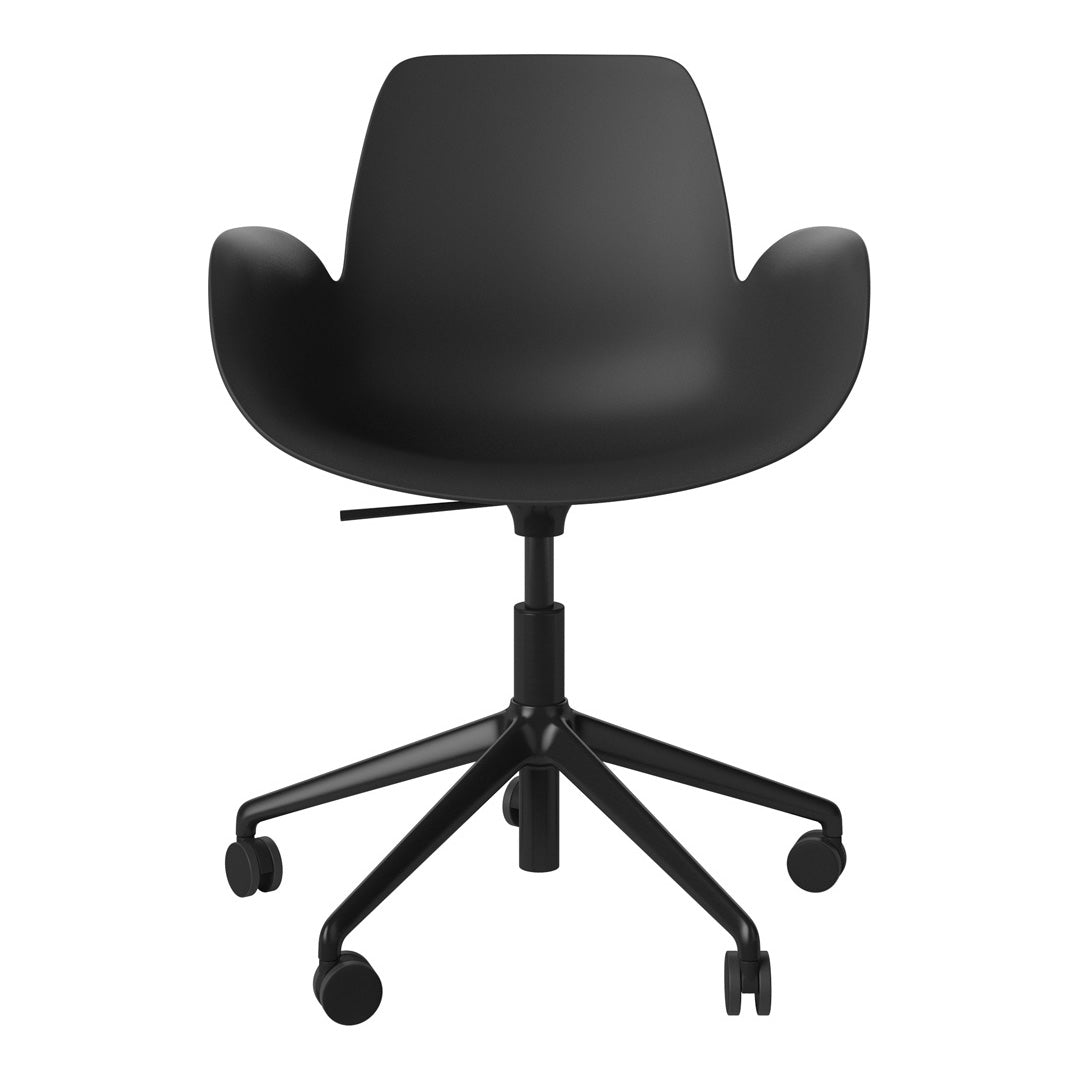 Black ergonomic office chair with a smooth finish and minimalist design, featuring a five-star base and caster wheels.