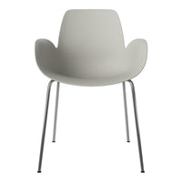 Light gray chair with smooth curves and metallic legs, showcasing a minimalist design perfect for modern decor.