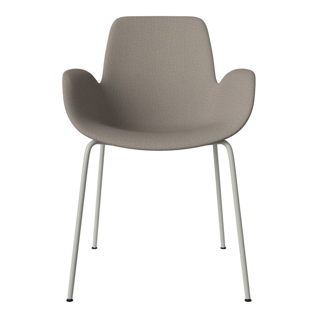 Gray textured chair with soft curves and sleek white legs, suitable for modern decor.