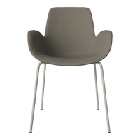 Gray upholstered chair with a textured finish and sleek white metal legs, perfect for modern decor.