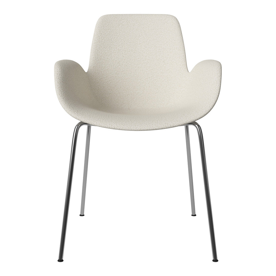 Cream-colored chair with a textured fabric finish and sleek chrome legs. Modern and minimalist design.
