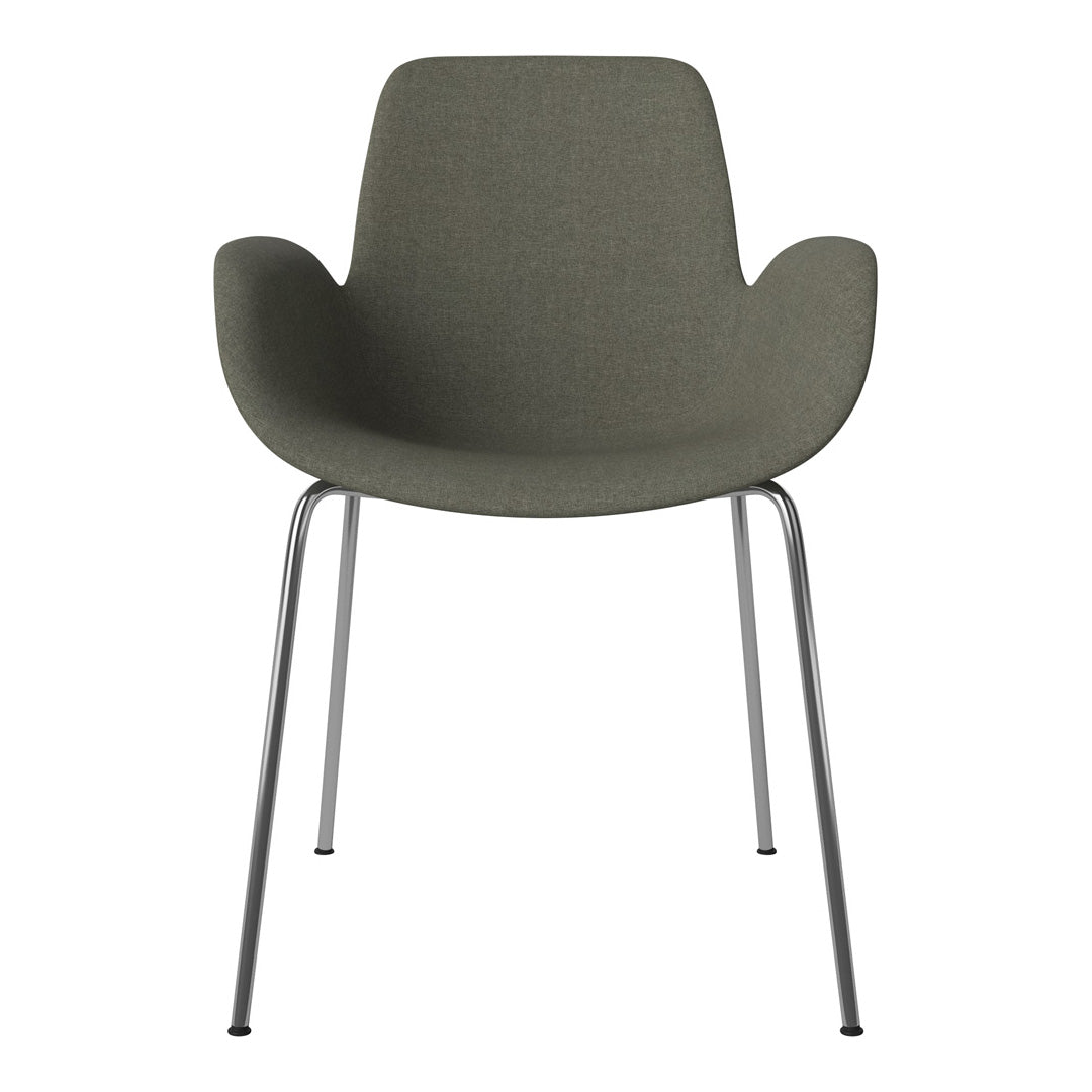 Green fabric chair with smooth, minimalist design and silver metal legs, perfect for modern decor.