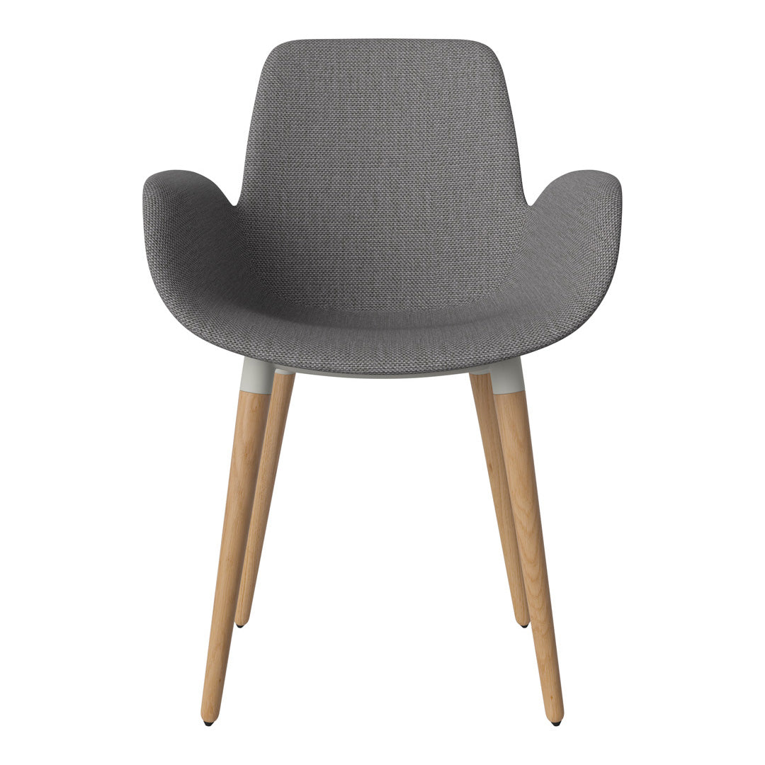Gray patterned fabric chair with natural wood legs, offering a modern and stylish design for any space.