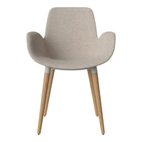 Light beige textured fabric chair with natural wooden legs and soft, rounded armrests, perfect for modern interiors.