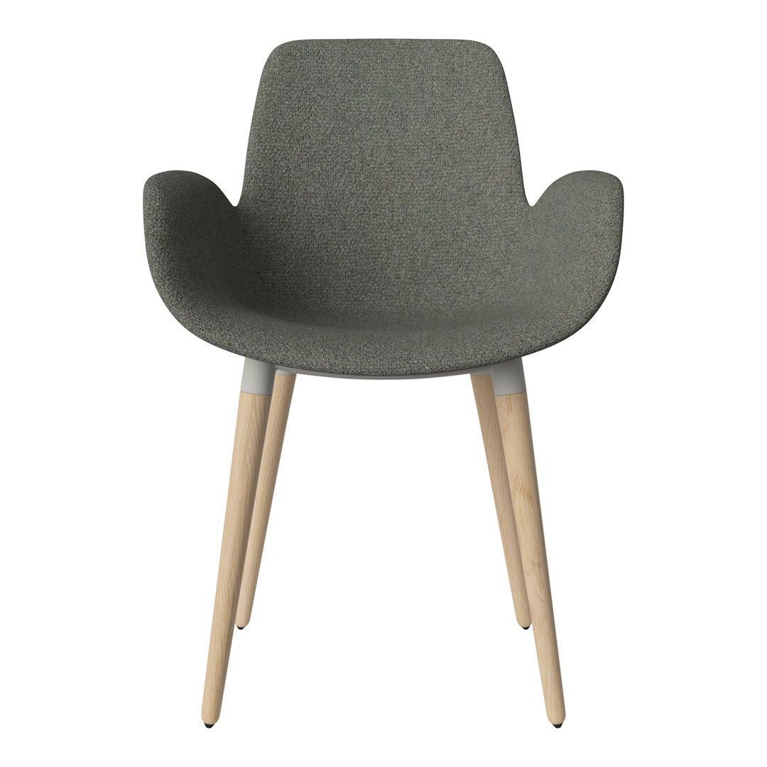 Grey upholstered chair with textured fabric and natural wooden legs, perfect for modern decor.