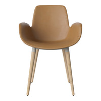 Tan faux leather chair with natural wood legs; minimalist design complements modern decor.