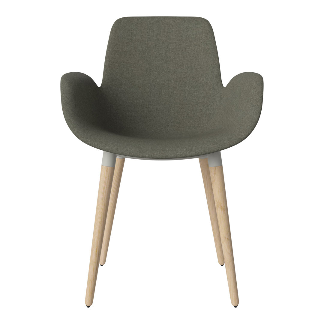 Dark olive green chair with wooden legs, featuring a smooth, minimalist design. Ideal for modern interiors.