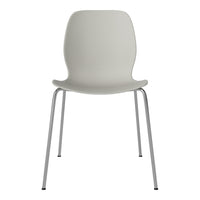 Sleek white chair with a smooth surface and metallic silver legs, perfect for modern decor.