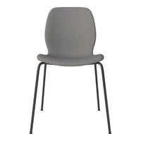 Gray upholstered chair with a textured pattern and sleek black metal legs, perfect for modern interiors.