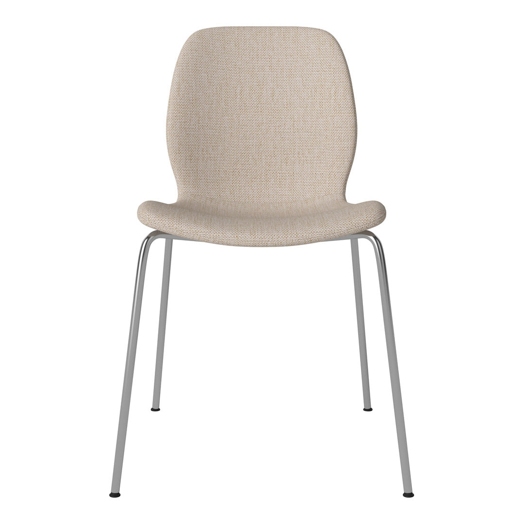 Beige textured chair with sleek silver metal legs, perfect for modern interiors.
