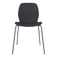 Dark gray fabric chair with subtle texture, featuring sleek metal legs for a modern minimalist look.