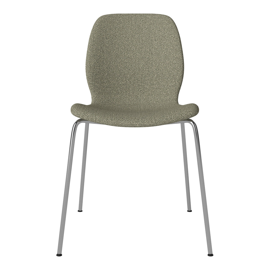 Green textured chair with a subtle pattern and sleek chrome legs. Perfect for modern decor.