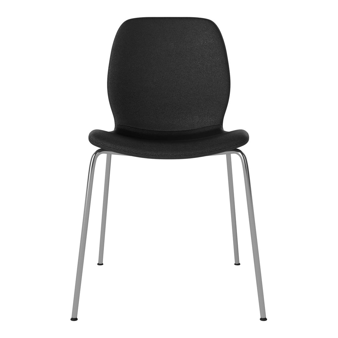 Black fabric chair with a smooth texture and sleek silver legs, perfect for modern decor.