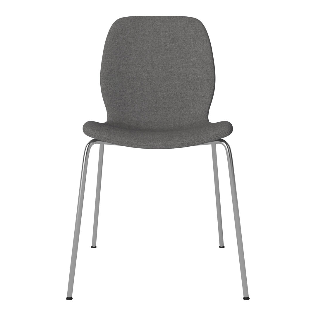 Gray upholstered chair with a sleek silver metal frame, featuring a smooth, minimalist design.