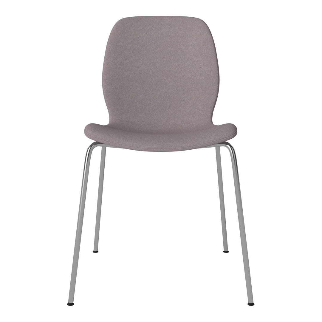 Light gray upholstered chair with smooth contours and sleek silver metal legs, perfect for modern decor.