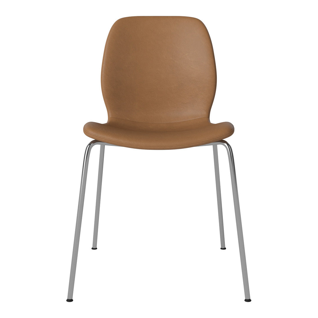 Brown leather chair with chrome legs, showcasing a sleek, modern design. Perfect for any contemporary space.