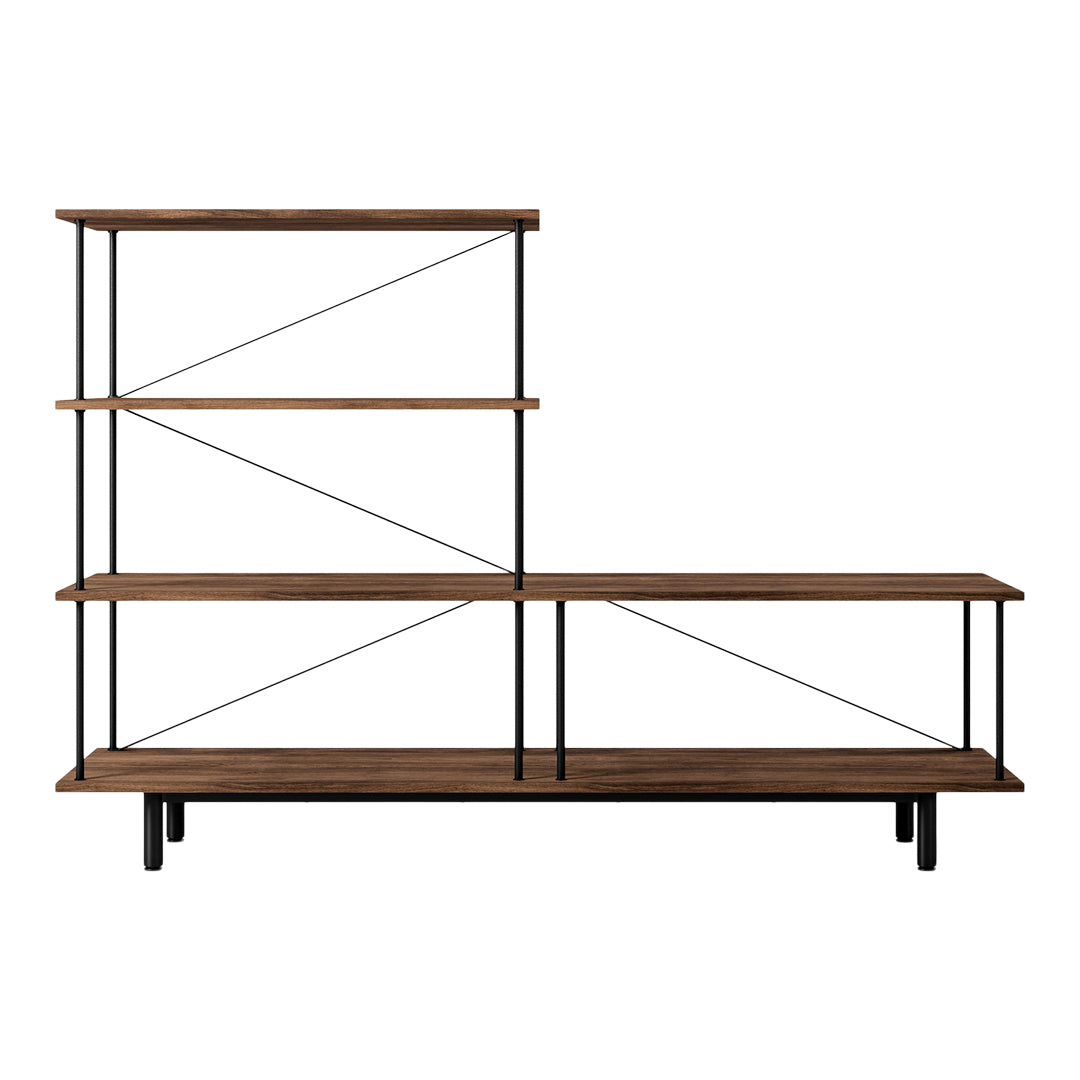 Modern wooden shelf with a dark brown finish and black metal accents, featuring a geometric design.