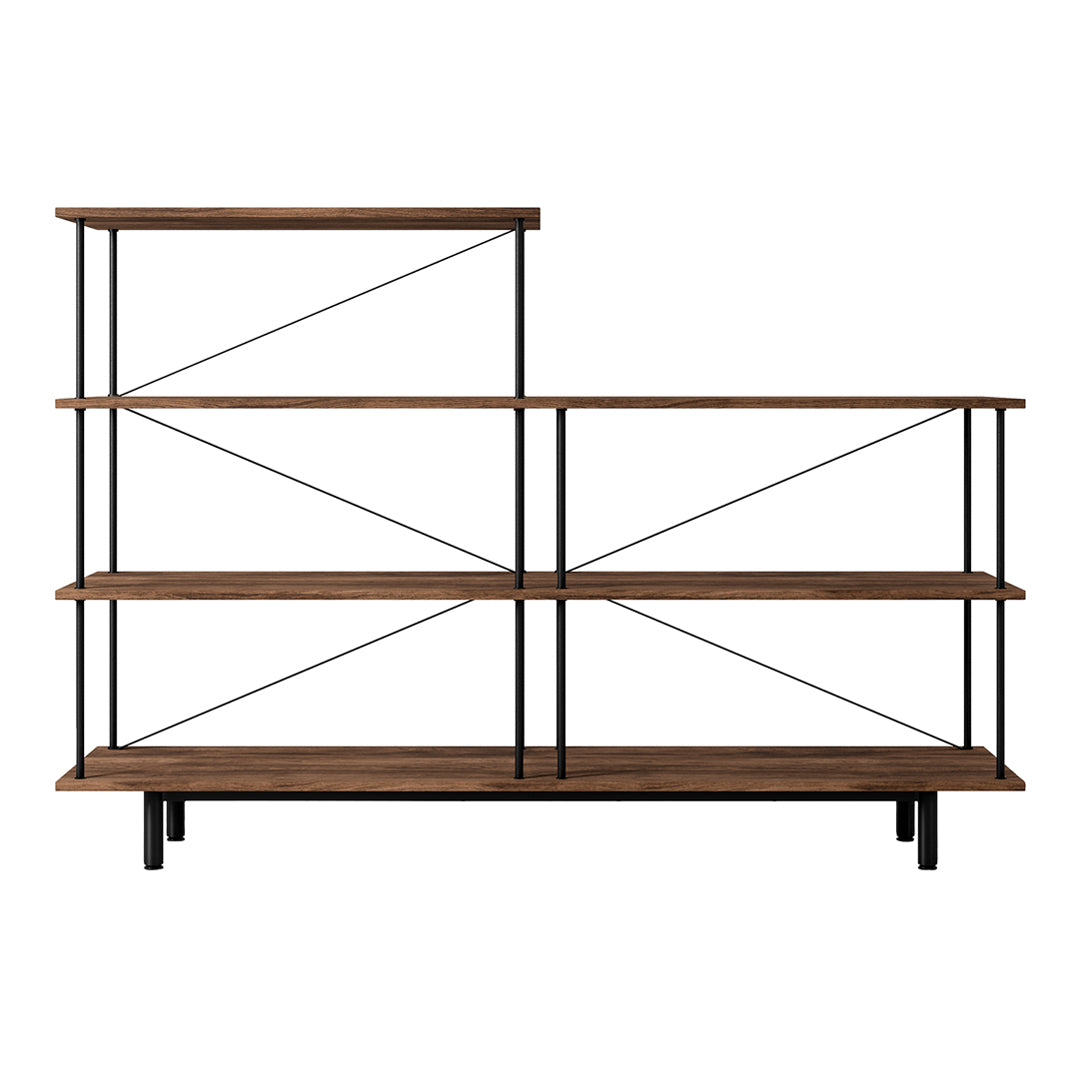 Wooden shelving unit with a natural brown finish and black metal accents in a sleek, modern design.