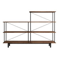 Wooden bookshelf with a rustic brown finish and black metal accents in a modern ladder design.