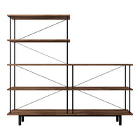 Wooden bookshelf with a rich brown finish and black metal accents, featuring an open geometric design.