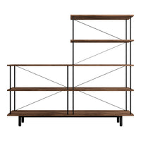Wooden shelf unit with a rich brown finish, metal accents, and an industrial design featuring diagonal support patterns.