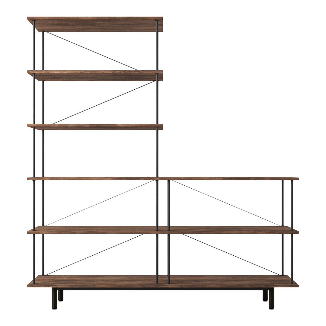Wooden shelving unit with a rich brown finish, featuring black metal accents and a geometric open pattern design.