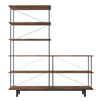 Wooden shelving unit with a rich brown finish, featuring black metal accents and a geometric open pattern design.
