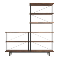 "Modern wooden bookshelf with a rich walnut finish and sleek black metal accents, featuring a minimalist geometric design."