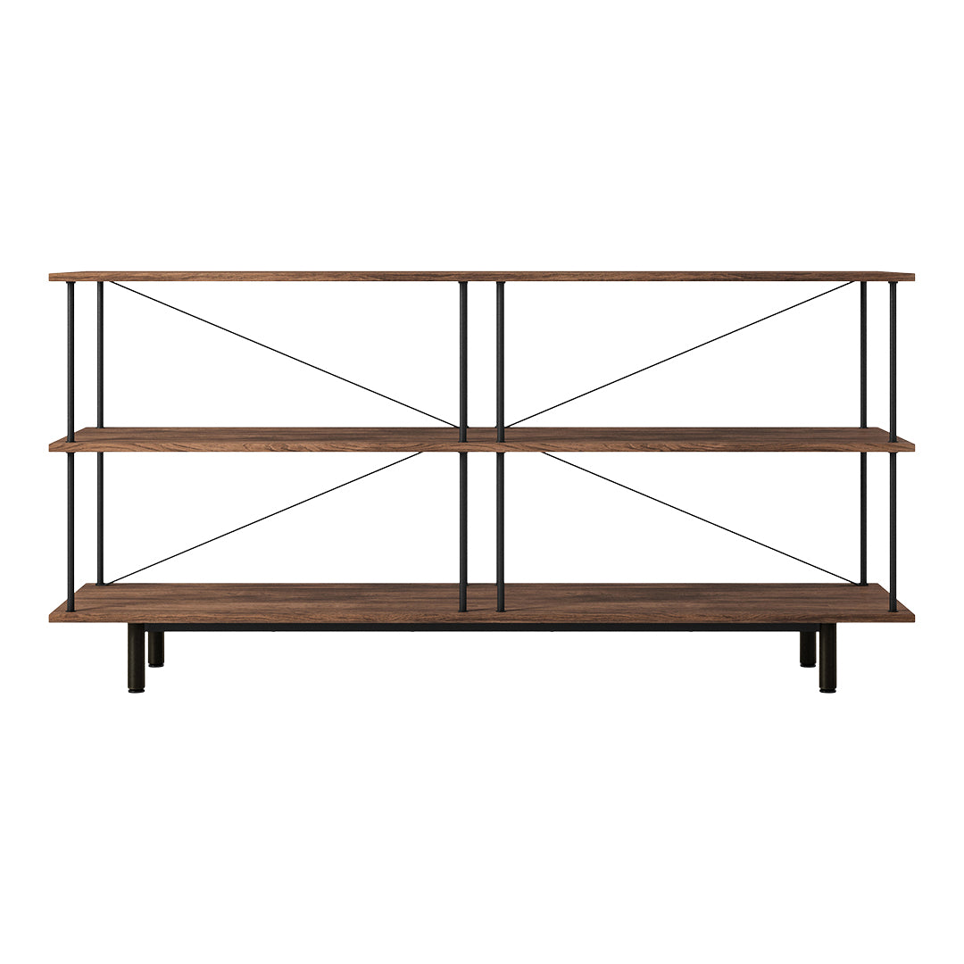 Wooden shelves in dark brown with black metal accents and clean, industrial design. Ideal for modern decor.