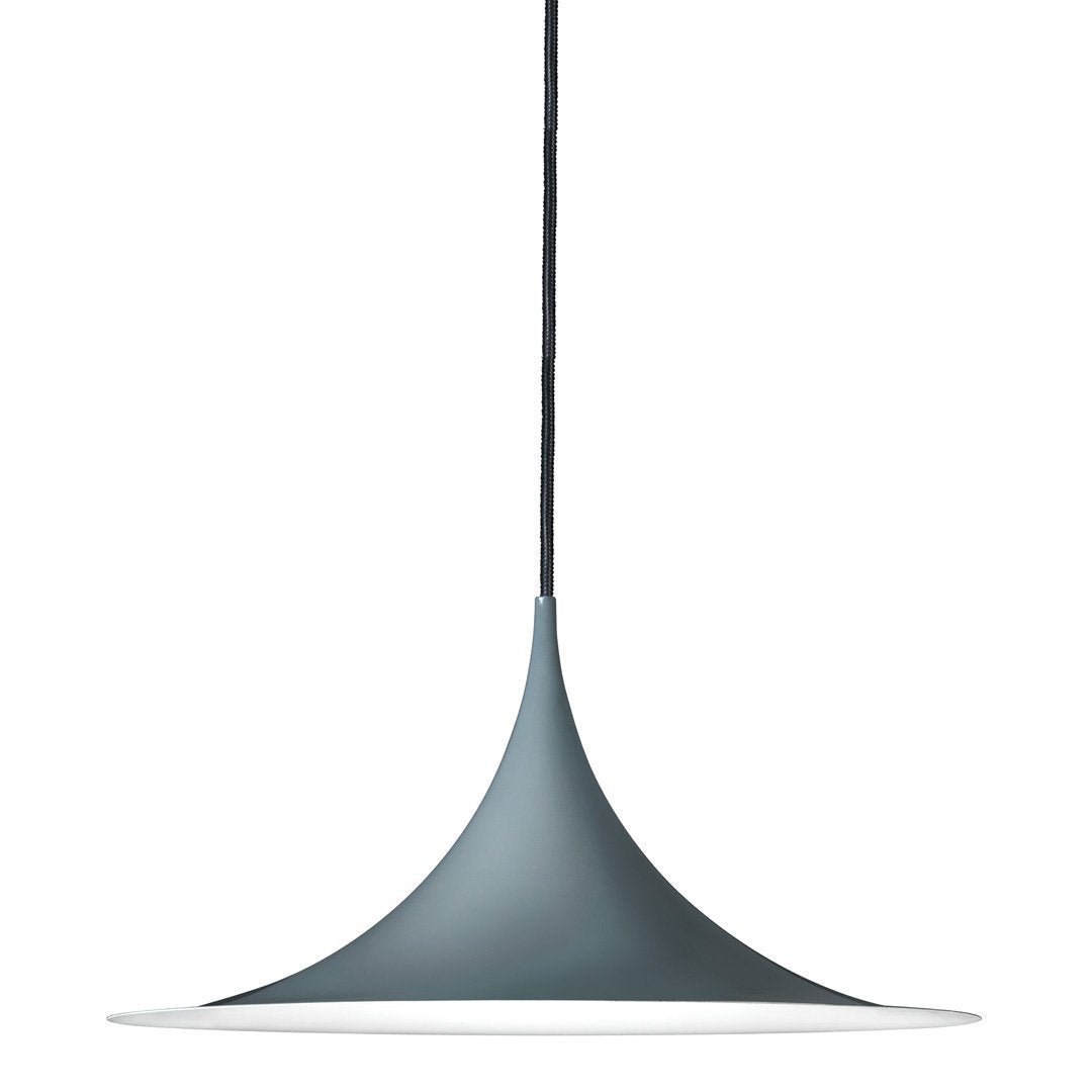 Sleek gray pendant light with a smooth, modern shape and contrasting white interior for a stylish touch.