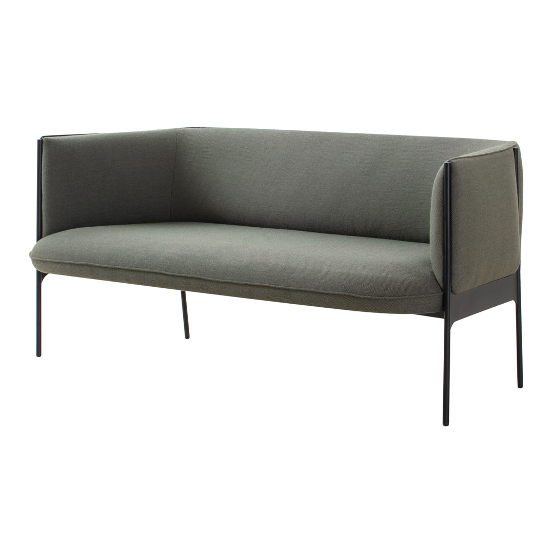 Modern two-seater sofa in muted olive green with sleek black metal legs, perfect for contemporary spaces.