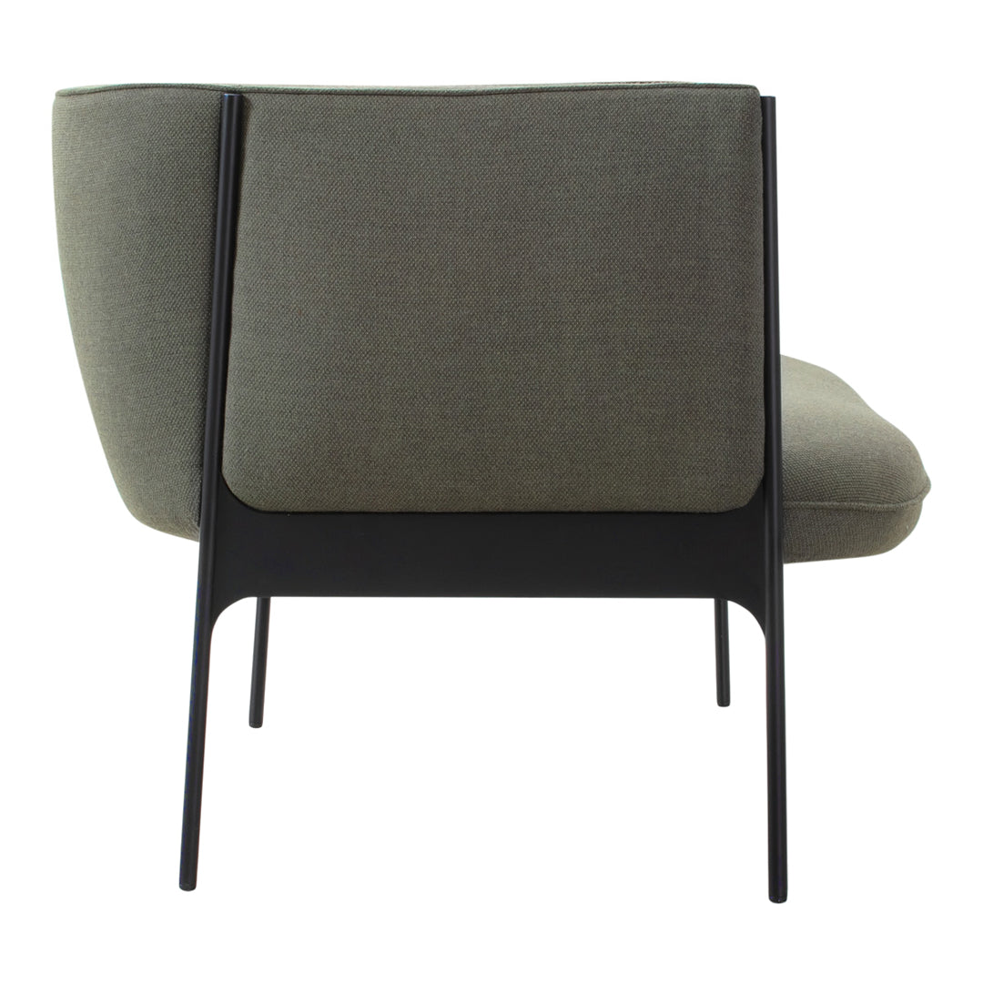 Stylish gray lounge chair with a sleek black metal frame and smooth fabric upholstery. Perfect for modern interiors.