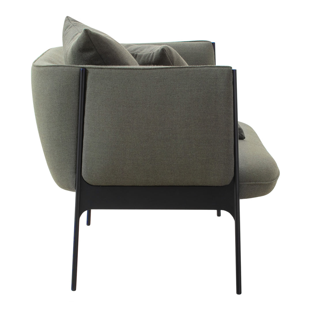 Gray upholstered sofa with black metal legs, featuring a smooth texture and minimalist design.