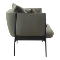Gray upholstered sofa with black metal legs, featuring a smooth texture and minimalist design.