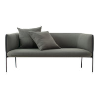 Stylish gray sofa with accent pillows in matching shades, featuring a sleek, minimalist design.