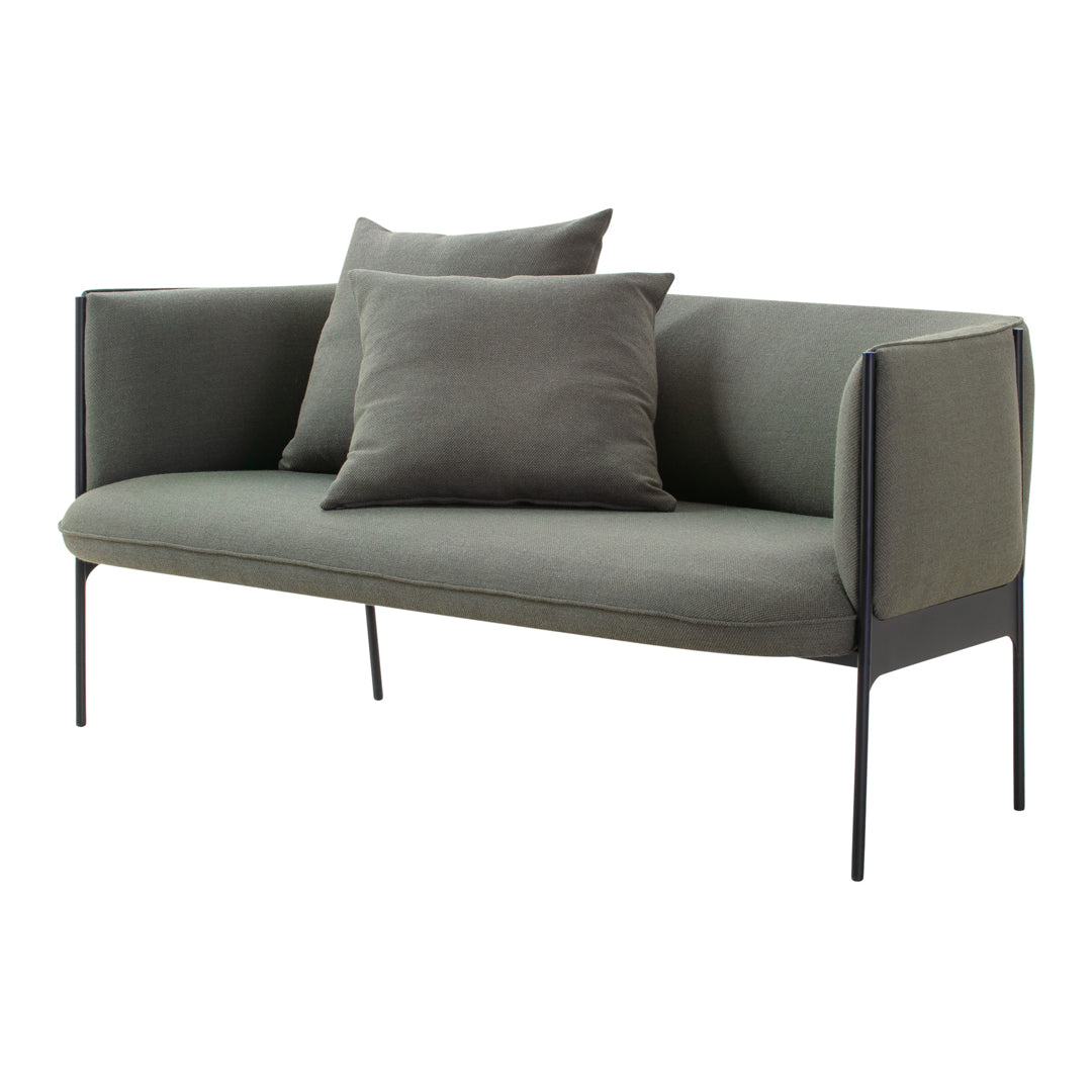 Olive green sofa with two matching cushions and sleek black metal legs, perfect for modern living spaces.