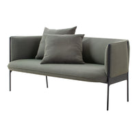 Olive green sofa with two matching cushions and sleek black metal legs, perfect for modern living spaces.